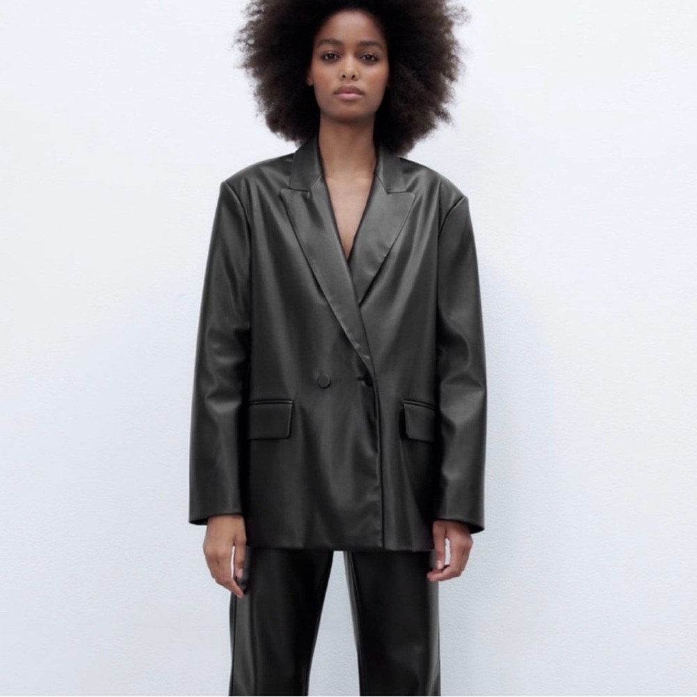 Zara Oversized Vegan Leather Blazer Jacket - Black